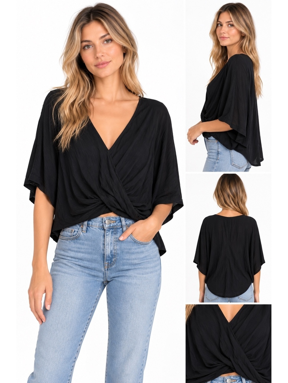 Free People Black V-Neck Twist Front Blouse Size S